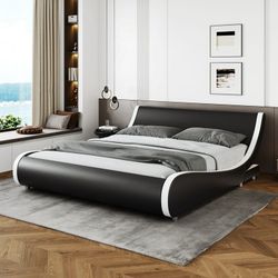 Black & White Queen Size Platform Bed frame, Faux Leather Low Profile Sleigh Bed Frame with Adjustable Headboard, Adult