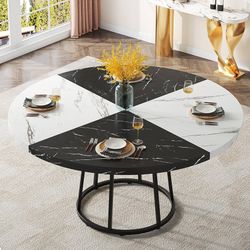 47 Inch Dining Table for Dining Room, Round Dining Tables for 4 with Faux Marble Top, Heavy Duty Metal Circular Pedestal for Living Room,
