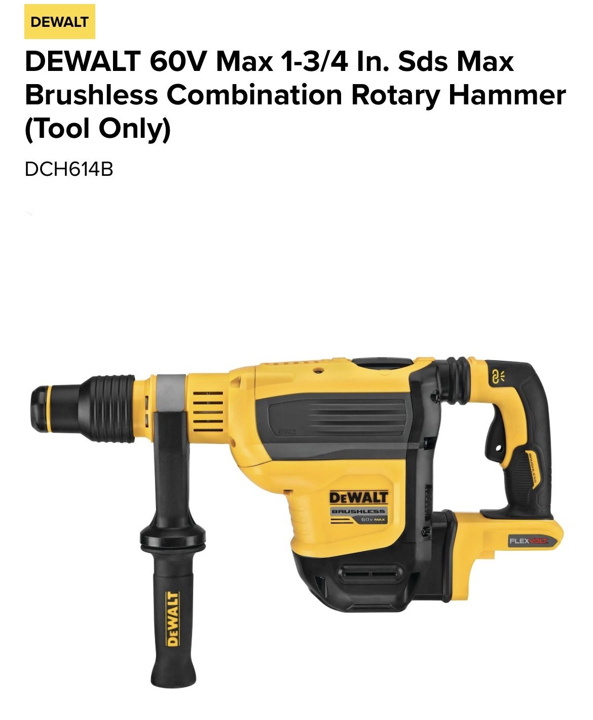 DEWALT 60V Max 1-3/4 In. Sds Max Brushless Combination Rotary Hammer (Tool Only)