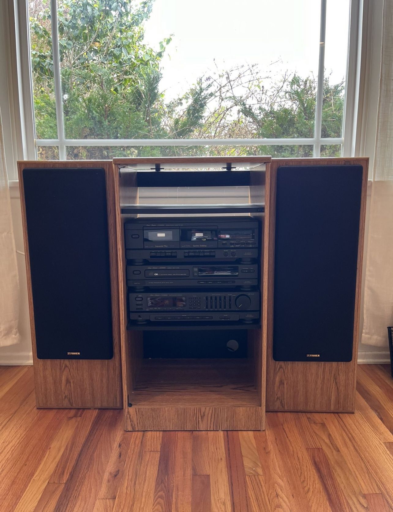 Vintage Fisher Speakers, Stereo Receiver, CD Player, and Double Cassette Deck 