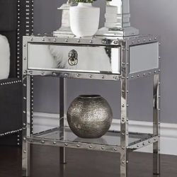 Mirrored And Stainless Steel Riveted Side Table Nighstand