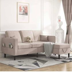 NEW - Convertible Sectional Sofa Couch, 3-Seat L-Shaped Sofa with Storage Ottoman, Wooden Couch Legs Modern Linen Fabric Reversible Chaise for Living 