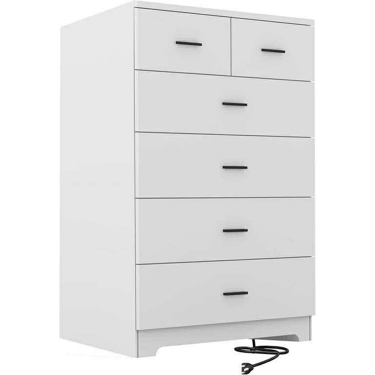 Dresser with Power Outlets Wooden 6 Drawer Dresser with Large Organizer White