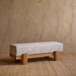 Beige Linen Upholstered Entry Bench, Solid Wood Padded Shoe Ottoman for Foyer & Bedroom