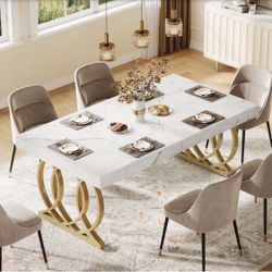 Rectangle White Wood 63 in. Trestle Dining Table for 6 with Faux Marble Tabletop and Geometric Legs Living Room Kitchen