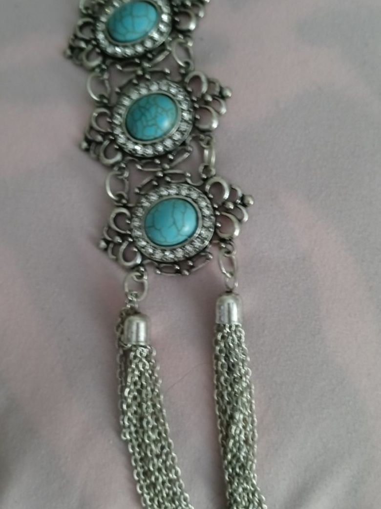 Silver Colored Costume Jewelry Rhinestones And Turquoise Stones Colored There Are Some Earrings To Match