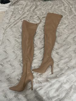 Beige Thigh High Boot Heels