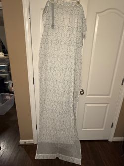 Embroidered Scroll Sheer Window Curtain Panel White/Teal 27" x 84"
