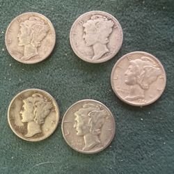 Lot Of Five Mercury Silver Dimes 