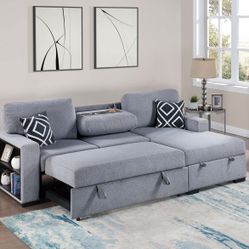 92"Sleeper Sofa, Convertible sofa with Shelves and cup holder, Theater Sofa with storage chaise, Gray Storage Sectional sofabed, Sofa with sleeper  Se