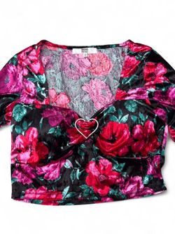 ✨NEW MADDEN GIRL NYC VELVET FLORAL CROP TOP LONG SLEEVE BLING HEART M✨