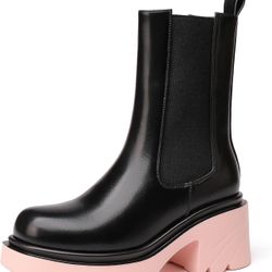 Womens Chelsea Boots Lug Sole Platform Mid Calf Boots Elastic Slip on Boots Block Heel Ankle Boots for Casual Wear, Costume（size 6）