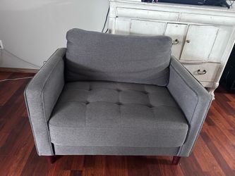 Large Grey Upholstered Tufted Arm Chair
