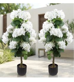 2 Pcs 3 Ft Artificial Hydrangea Trees Faux Potted Topiary