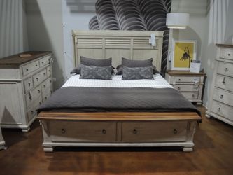 Napa Belmont King Panel Storage Bed - Antique Linen White With Natural Wood Top Accents | Headboard