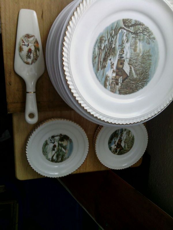 Currier & Ives by Harkerware dessert plate with serving plates & pie ... Currier & Ives by Harkerware dessert plate with serving plates & pie ...