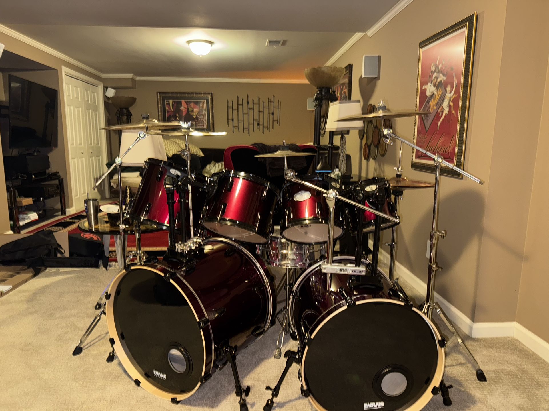 Pearl Vision Custom Drumset- Double Bass, Cymbals, Extra Mounting Gear 