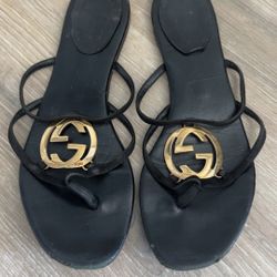 Gucci Logo GG black Gold Sandals Slides Shoes Authentic 