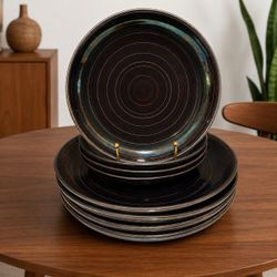 Sango Orbit Black Stoneware 4 Salad 4 Dinner Plates MCM Retro Style Boho Rustic