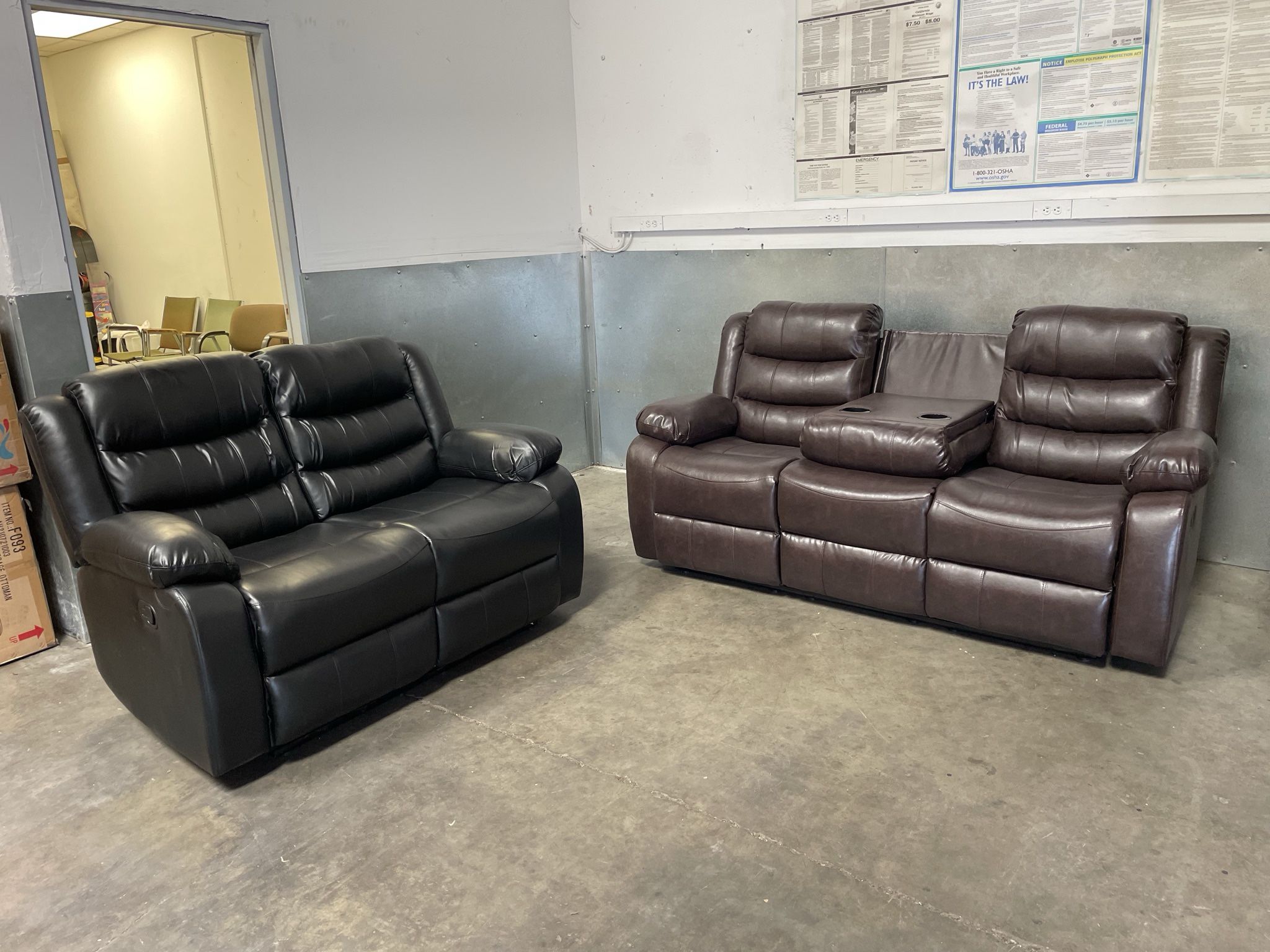 Sofa Loveseat Chair. Cup Holder. Recliners. Black. Leather