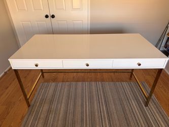 62" White Lacquer & Gold Brass Desk – 3 Drawers – Hollywood Regency / Mid-Century Modern
