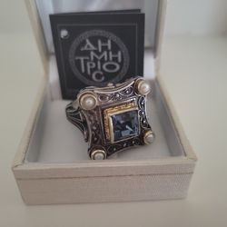 Silver, Gold, Pearl With Gemstones Ring