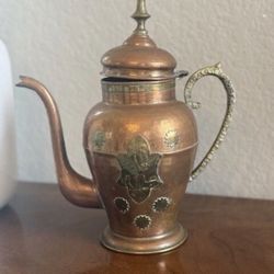 Antique Copper Teapot with Brass Accents
