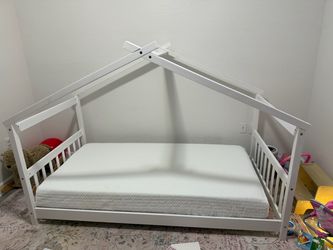 FREE White Wood House Frame Floor Bed with 8inch Mattress