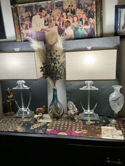 Two lead crystal lamps with linen shade these are 17 pds 26 tall 14 inches wide