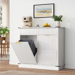 2 X 10 Gallon Double Tilt Out Trash Can Cabinet with Charging Station, Fluted Kitchen Trash Cabinet with 2 Drawers, Pet Proof Hidden Cabinet, White