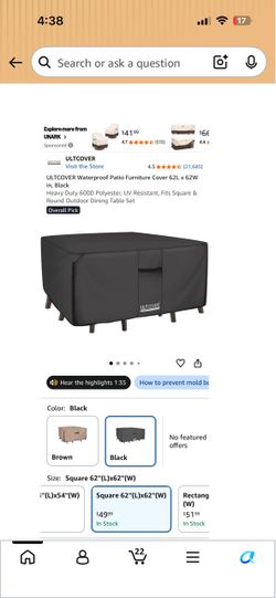 ULTCOVER Waterproof Patio Furniture Cover 62x62x28 Black