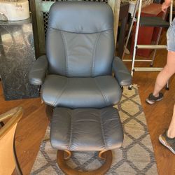 Navy Blue Leather Recliner And Ottoman