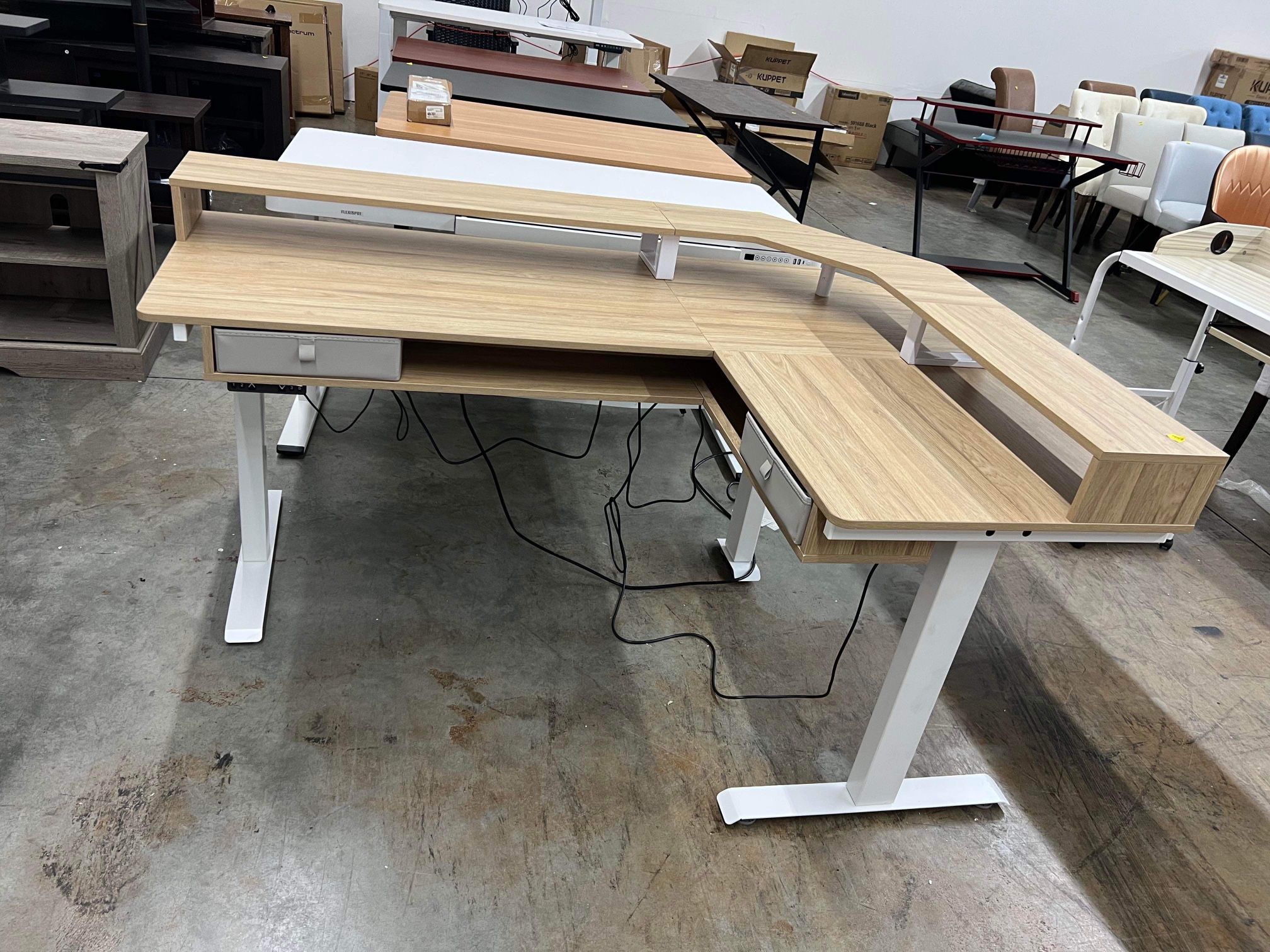 Triple Motor L-shaped Standing Desk with Multi-Storage(small damage)