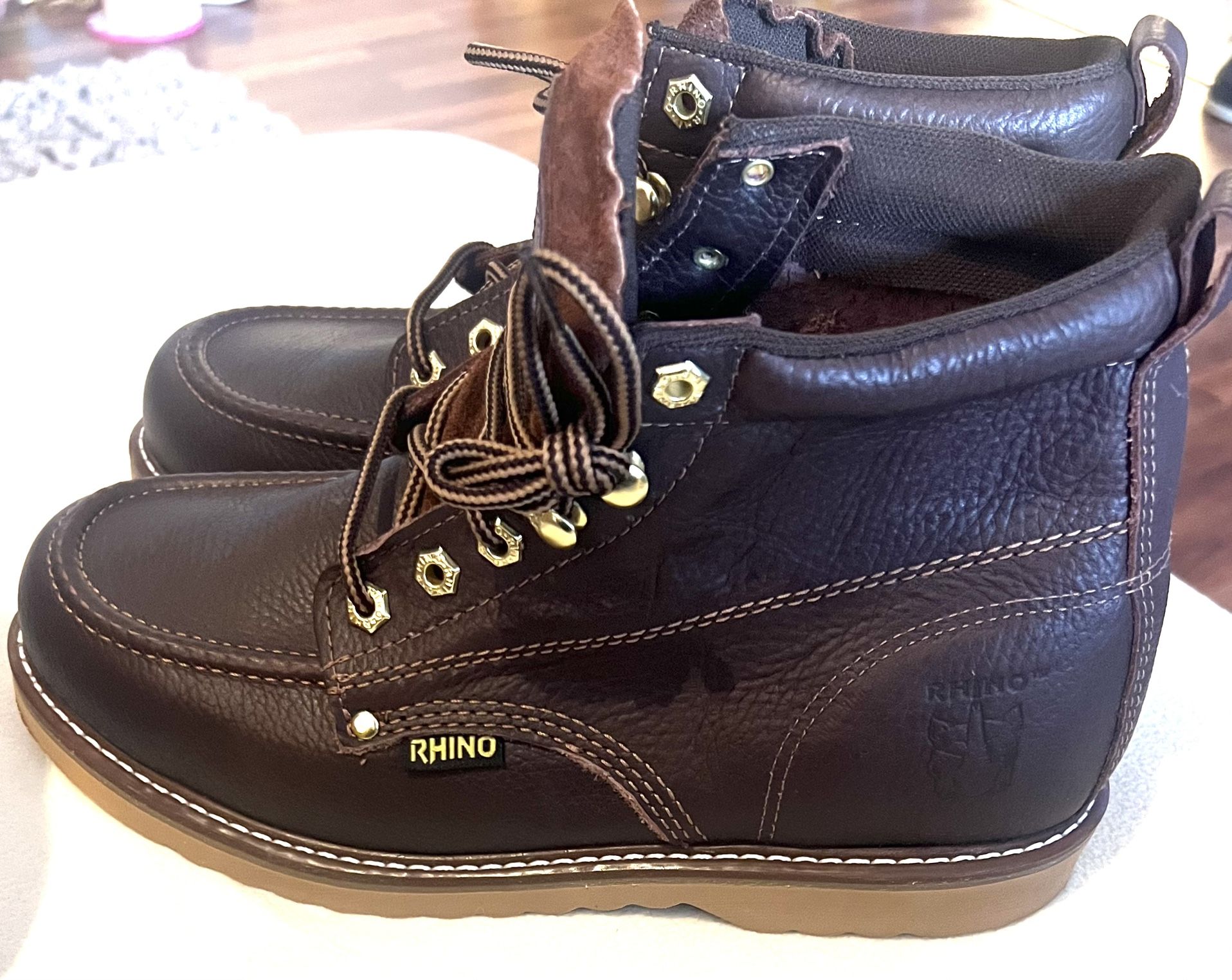 BNIB Men's Rhino 62M28 Brown Leather 6" Soft Toe Moc Toe Lace Up Work Boot-91/2-SEE LISTING FOR MORE SIZES.