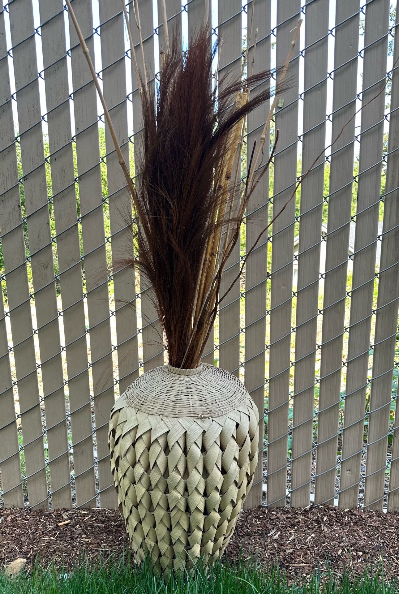Large Woven Floor Vase with Dried Grasses