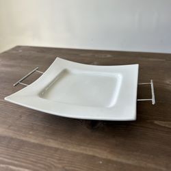 Modern White Square Serving Platter with Chrome Handles - by Cordon Bleu