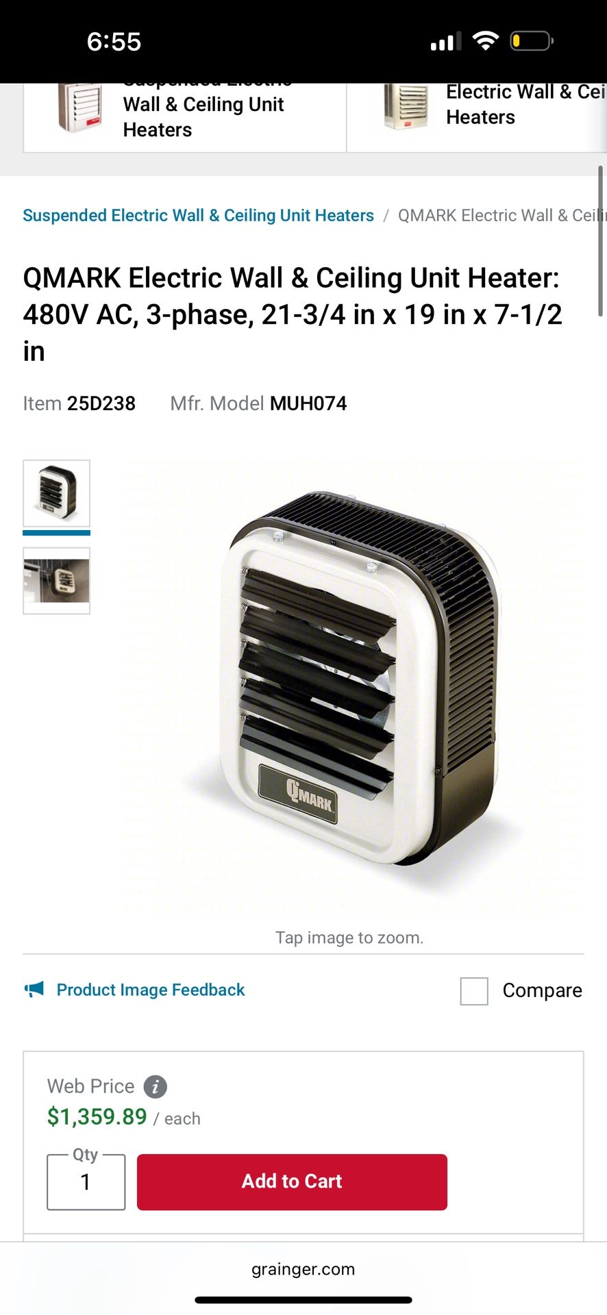 QMARK Electric Wall & Ceiling Unit Heater: 480V AC, 3-phase, 21-3/4 in x 19 in x 7-1/2 in
