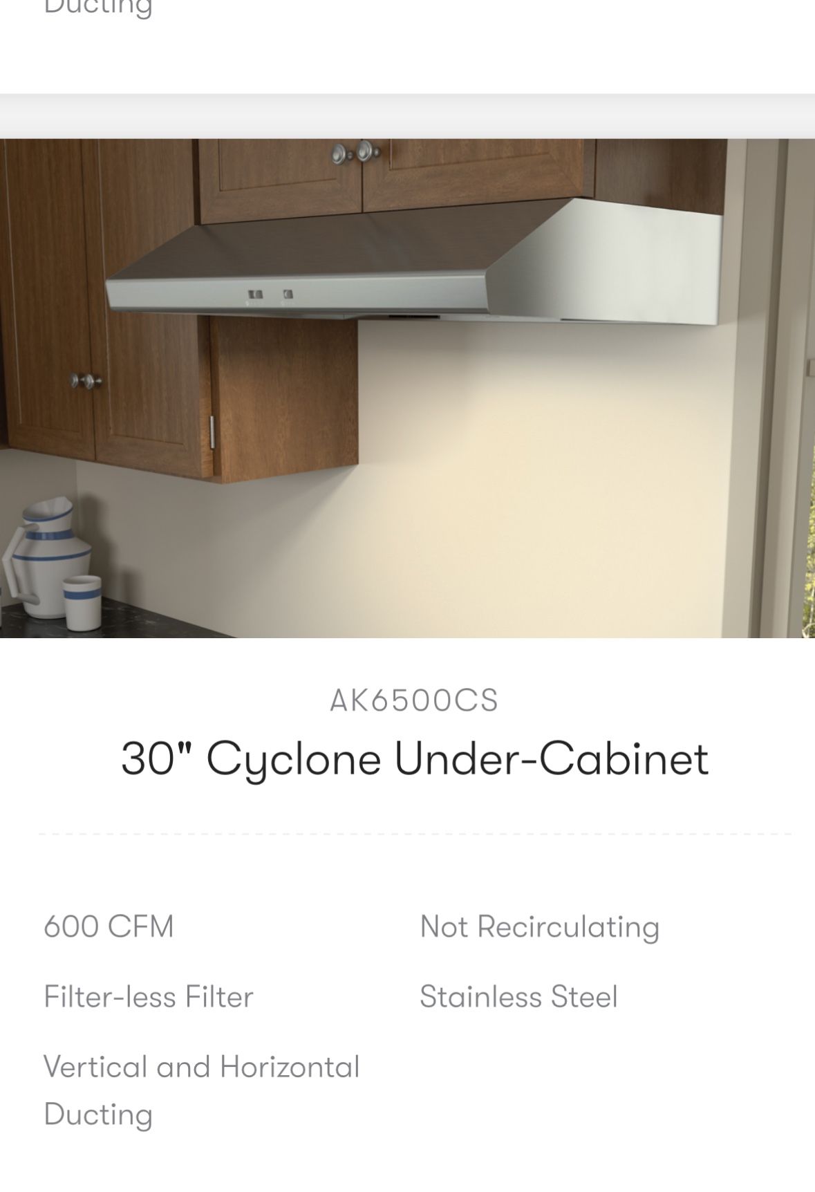 Vent Hood Zephyr Cyclone 30" 600 CFM Under Cabinet Range Hood