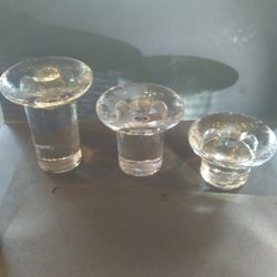 Vintage Blenko Clear Glass Set Of Mushroom Candlestick Holders
