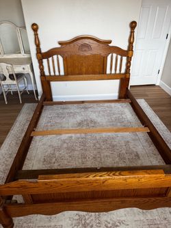Solid Oak Wood Bed Frame with Headboard and Dresser Set