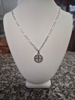.925 Genuine Silver Saint Benedict Medal Figaro Chain Necklace