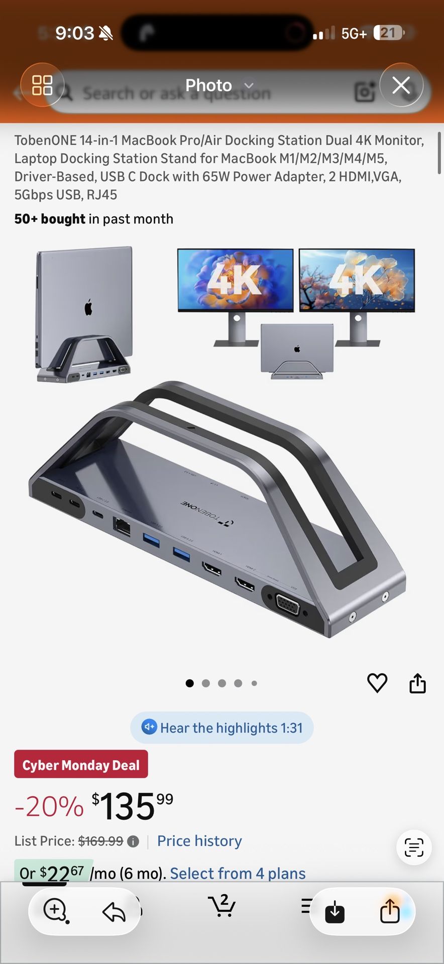 TobenONE 14-in-1 MacBook Pro/Air Docking Station Dual 4K Monitor, Laptop Docking Station Stand for MacBook