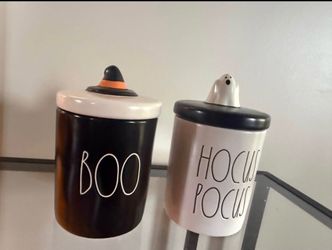 RAE DUNN Halloween "HOCUS POCUS" & “BOO” Ghost & Witch Hat Canister Set
