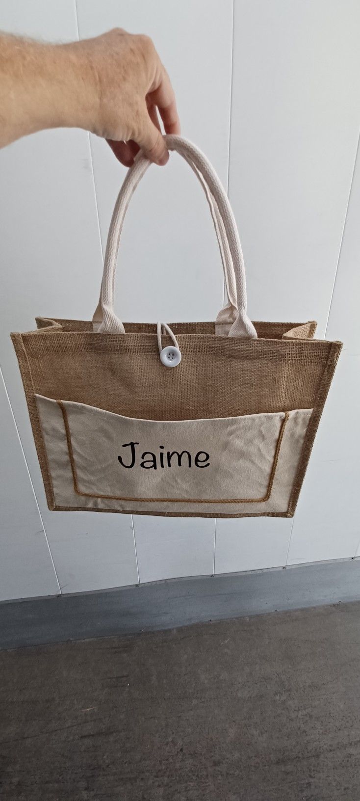 Sack Cloth Bag with name Jaime printed on It.