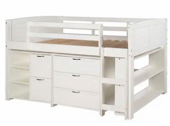 Donco White Twin Louver Low Loft Bed with 3 and 2-Drawer Chests and Shelves