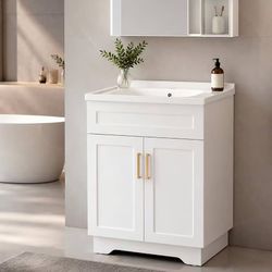 #D Bathroom Vanity with Ceramic Sink, Bathroom Vanity Cabinet with 2 Doors, 24 Inches Wooden Cabinet with Sink, White $ 120