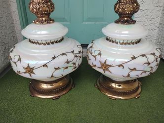 Vintage MCM  Falkenstein Table Lamp Pearl Milk Glass Gold Floral Hollywood Regency