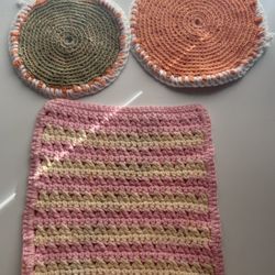 Lot Of  3 Handmade Crocheted Granny Square Coasters Multicolored 7x7 & 9x9