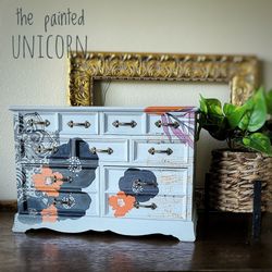 Hand-Painted Floral Jewelry Box with Brass Hardware