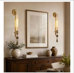 LIGHTLAND Gold Wall Sconces Set of 2, 28 Inch Modern Metal Glass Wall Light Fixture, Wall Lamp for Living Room Bedroom Hallway